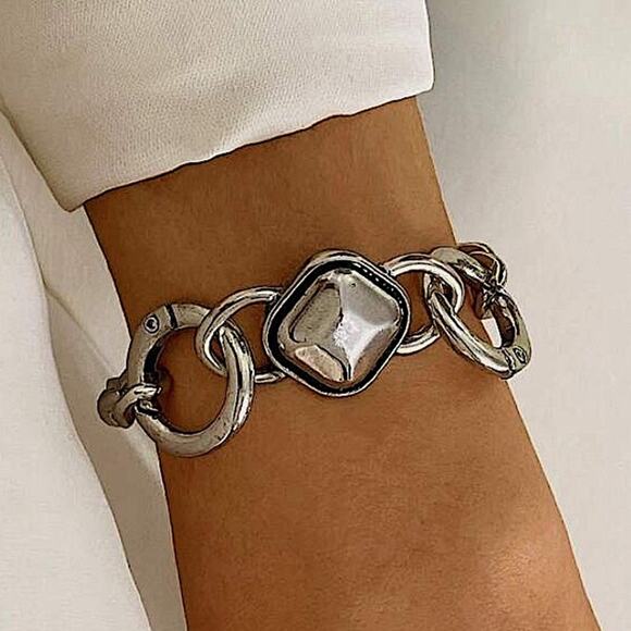 Stainless Steel Station Bracelet Chain Link Statement Cuban - Picture 2 of 3